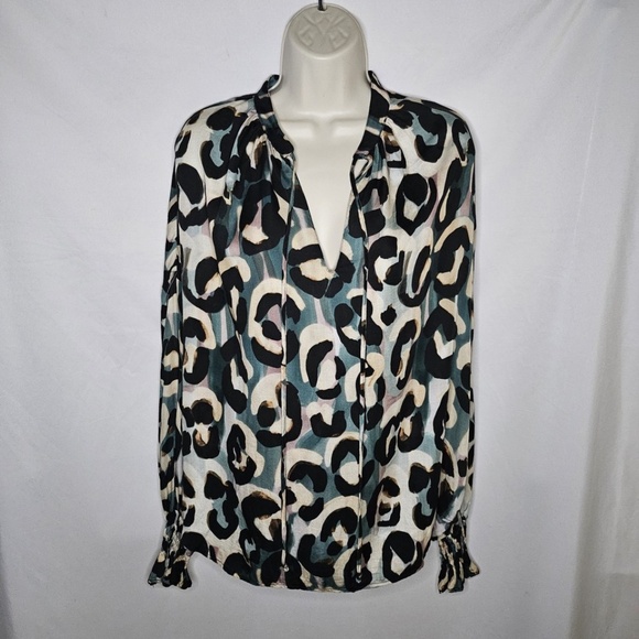Womens Finley Morrisey Top Jungle Animal Print Tie Keyhole Neck Viscose Size XS - Picture 1 of 11
